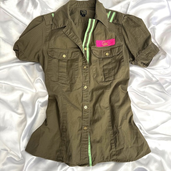 Cia.Maritima Tops - Cia.Maritima Olive Green Ripstop Button Up Shirt Pink Patch Lime Trim Small